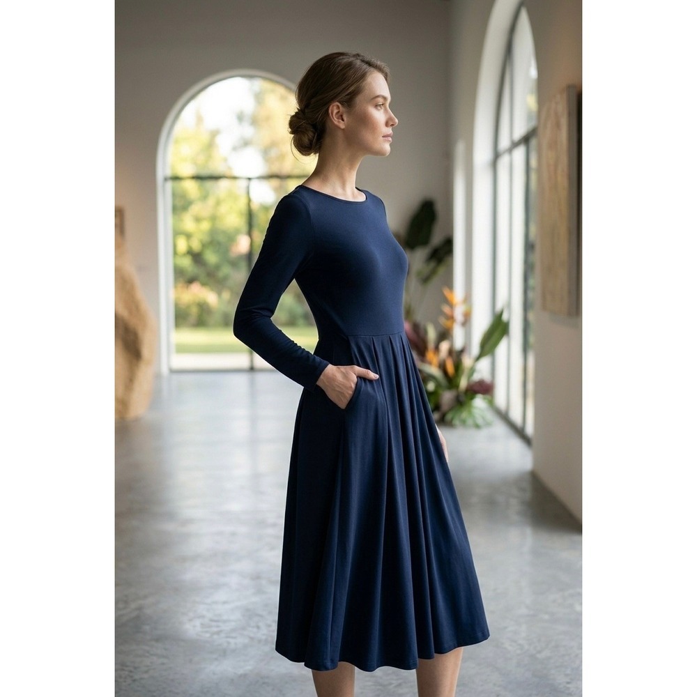 West Kei Navy Blue Long Sleeve Pleated Midi Dress with Pockets D6024 XS New
